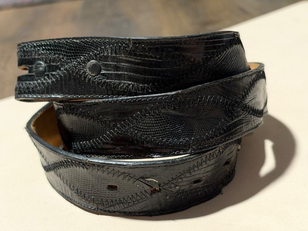 Dun-Dee 7421 Western Belt Strap Size 44 Black Leather Mens Vintage Metal Tip